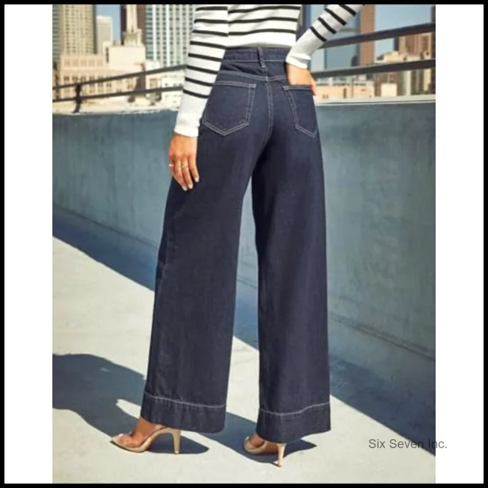 High Waisted Wide Leg Jeans Stretchy Straight Leg Denim Pants Trendy Casual